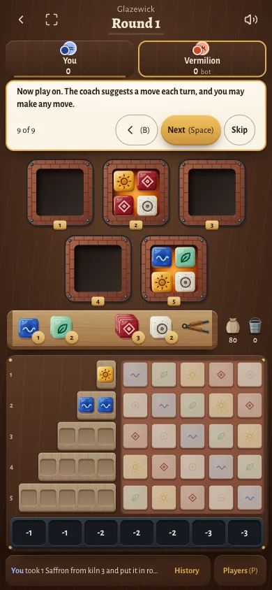 The Glazewick table on a phone: the kilns, the shelf, the drying rows, the panel and the breakage row all fit on one screen.