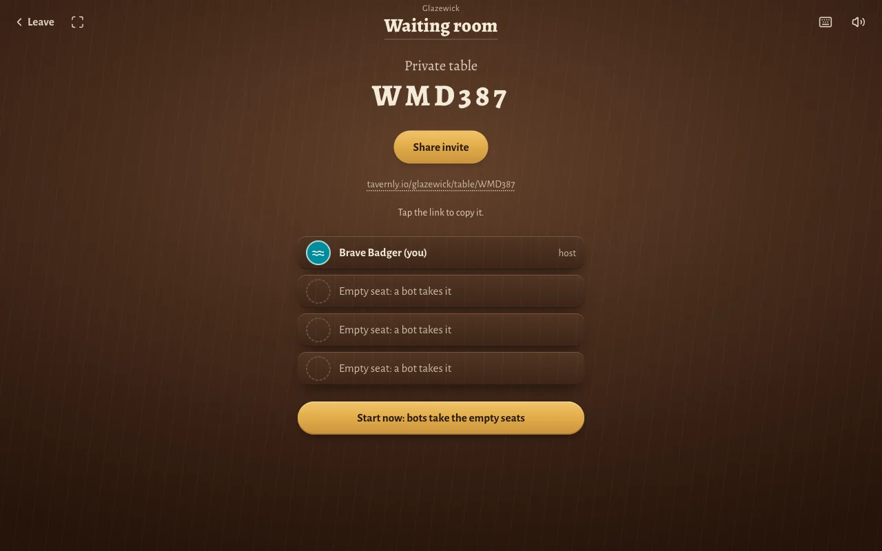 The waiting room of a private table, with a Share invite button, an invite link, one host seat and three empty seats that bots can take.