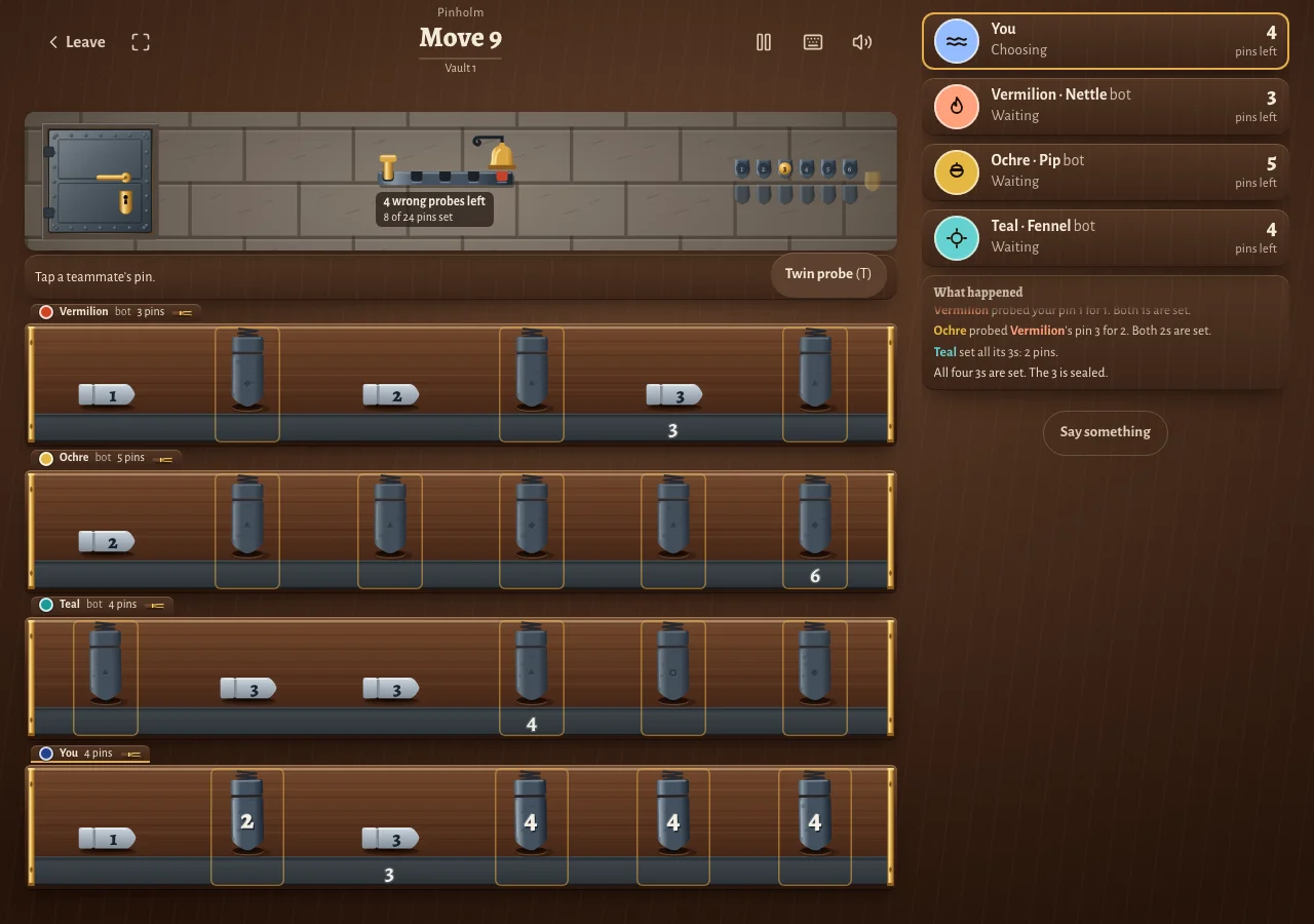 A Pinholm table on vault 1: the vault door, the bell track, four racks of pins, and the What happened box.
