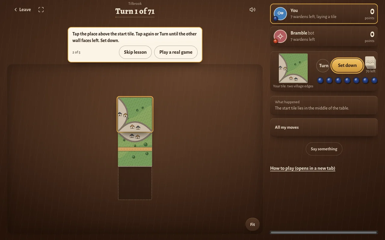 Lesson step 2: a tile with village edges is placed above the start tile, so the village walls meet.