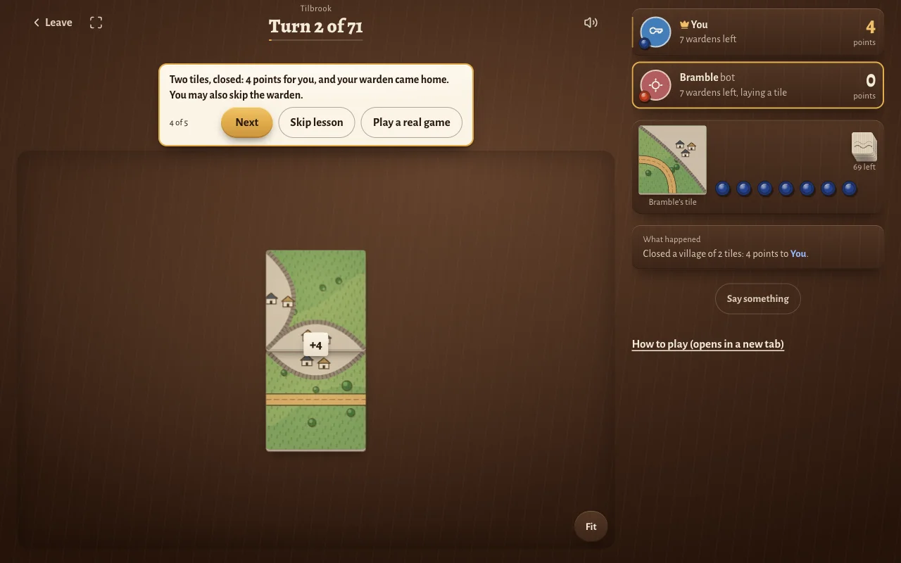 Lesson step 4: the closed village scores plus 4 points, and the warden goes home.