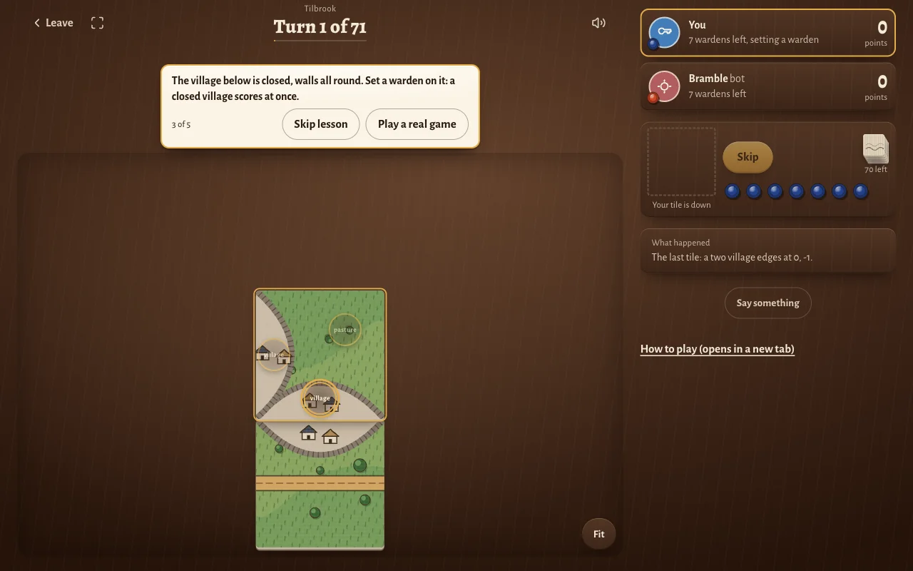 Lesson step 3: the coach asks the player to set a warden on the closed village, and the choices on the tile are ringed.