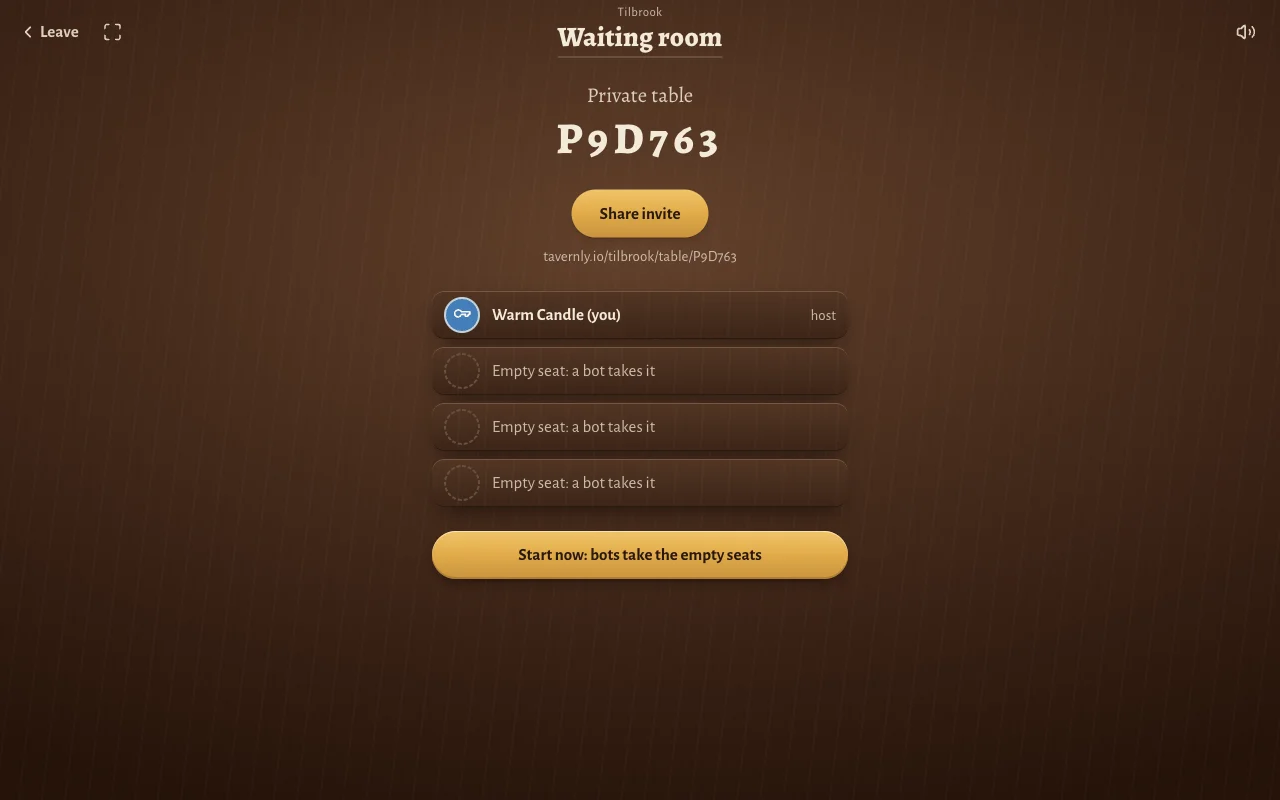 The waiting room of a private table, with a share link, one host seat and three empty seats that bots can take.