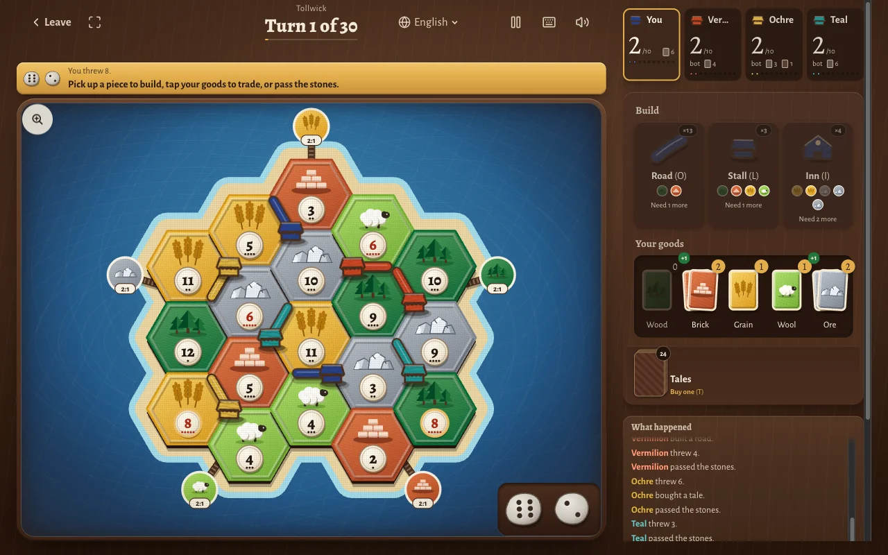 A Tollwick game after the setup: the island of hexes, four players' stalls and roads, the build panel and the player's goods.