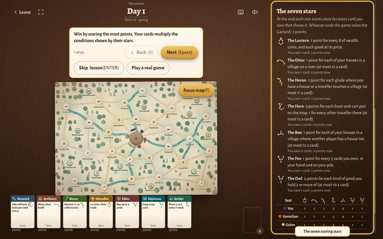 Lesson step 1: the coach says to win by scoring the most points. The map, the hand of seven cards and the seven stars panel are on the table.