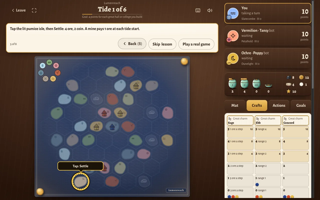 Lesson step 3: one isle at the bottom of the chart is lit, with the hint Tap: Settle, and the coach gives the cost.