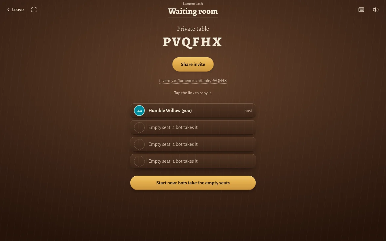 The waiting room of a private table, with a Share invite button, an invite link, one host seat and three empty seats that bots can take.