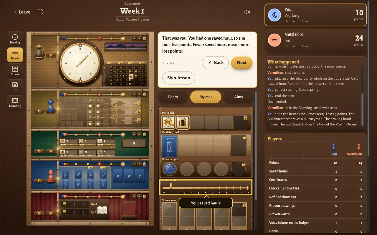 Lesson step 11: the coach says the Guildmaster took five points because the player had one saved hour. The player's mat is open and the saved hours bar is ringed.