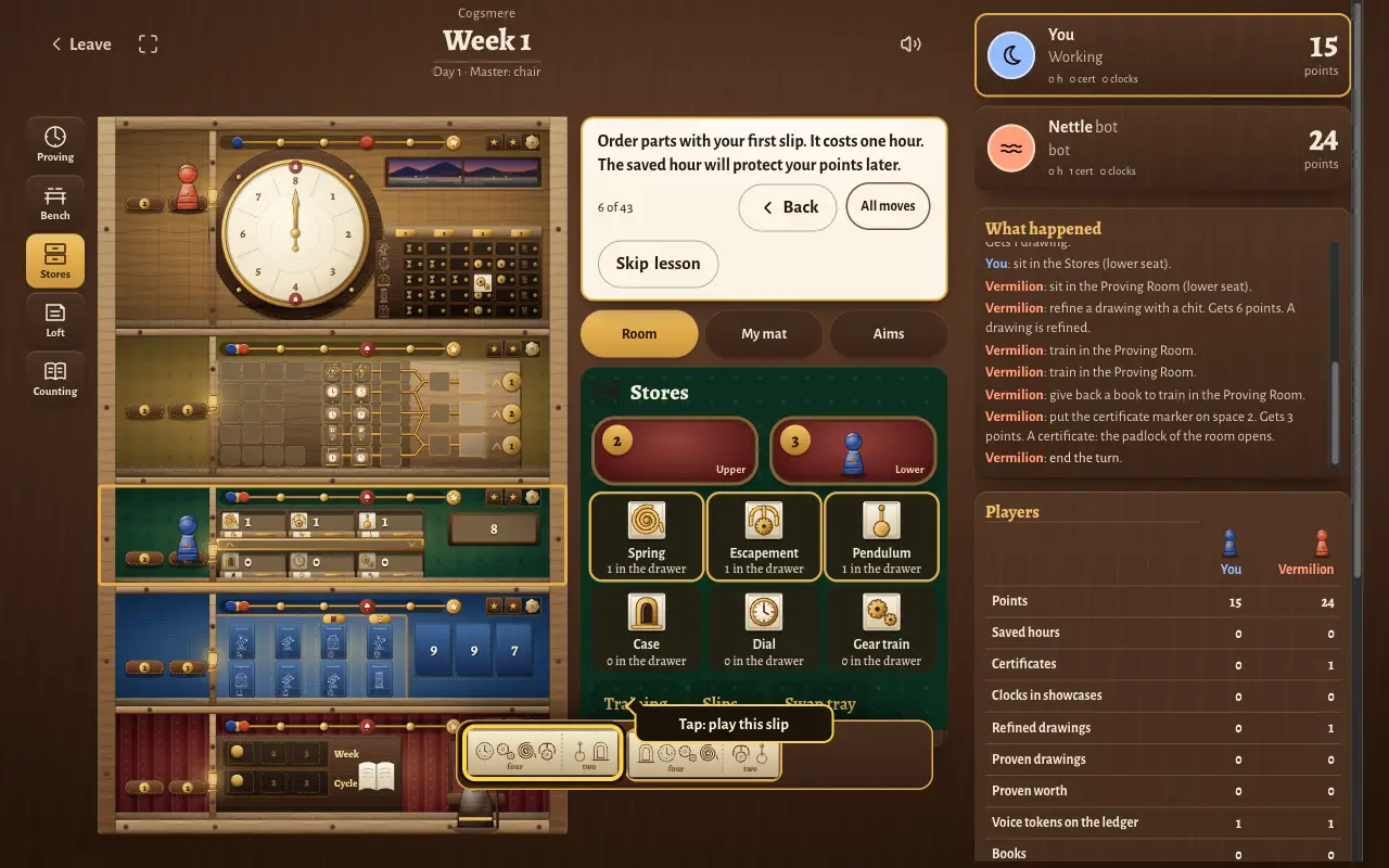 Lesson step 6: the coach asks the player to order parts with a slip. Two order slips are shown, and one is ringed with the label Tap: play this slip.