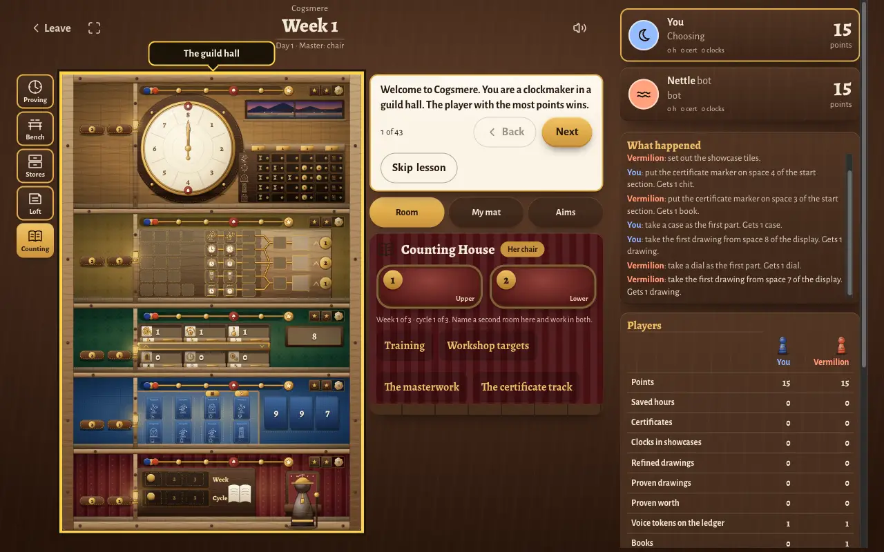 Lesson step 1 of 43: the coach says you are a clockmaker in a guild hall and the player with the most points wins. The five rooms of the hall are drawn as a cut-away.