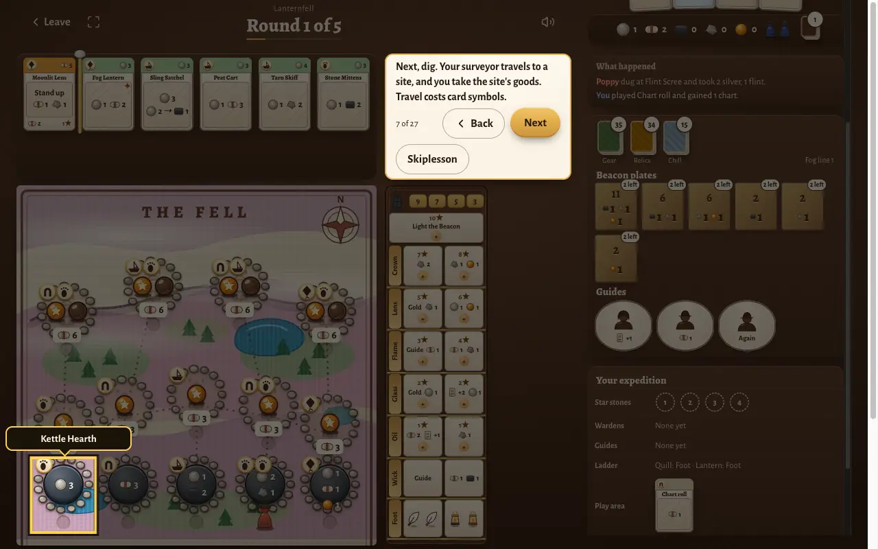 Lesson step 7: the coach explains digging, and a camp on the map is ringed.