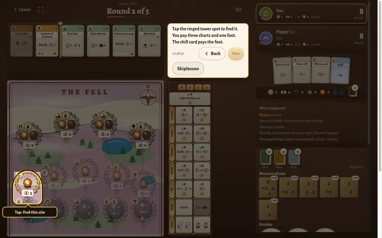 Lesson step 17: the coach asks the player to find a hidden tower, and the tower spot on the map is ringed with the label Tap: find this site.