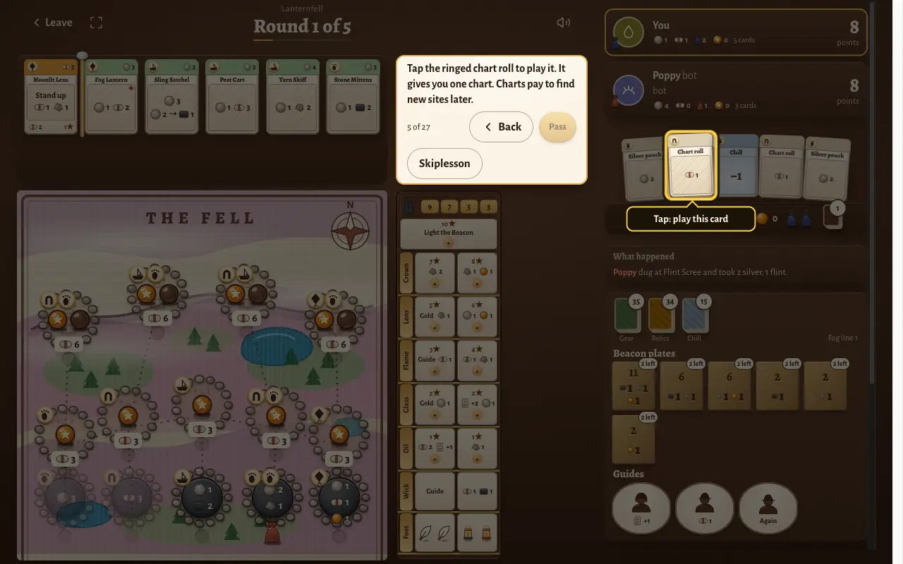 Lesson step 5: the coach asks the player to tap a ringed chart card in the hand to play it.