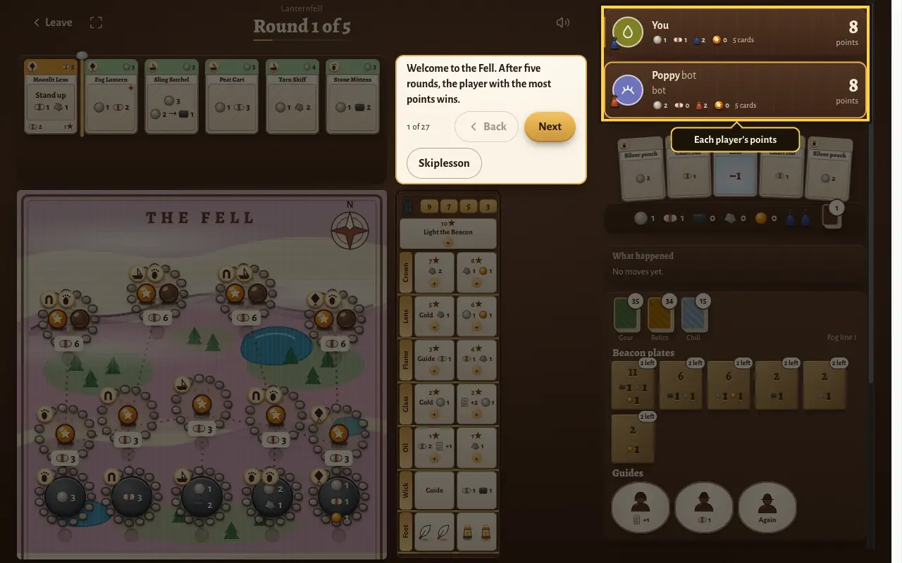 Lesson step 1: the coach says that after five rounds the player with the most points wins, and rings the score of each player.