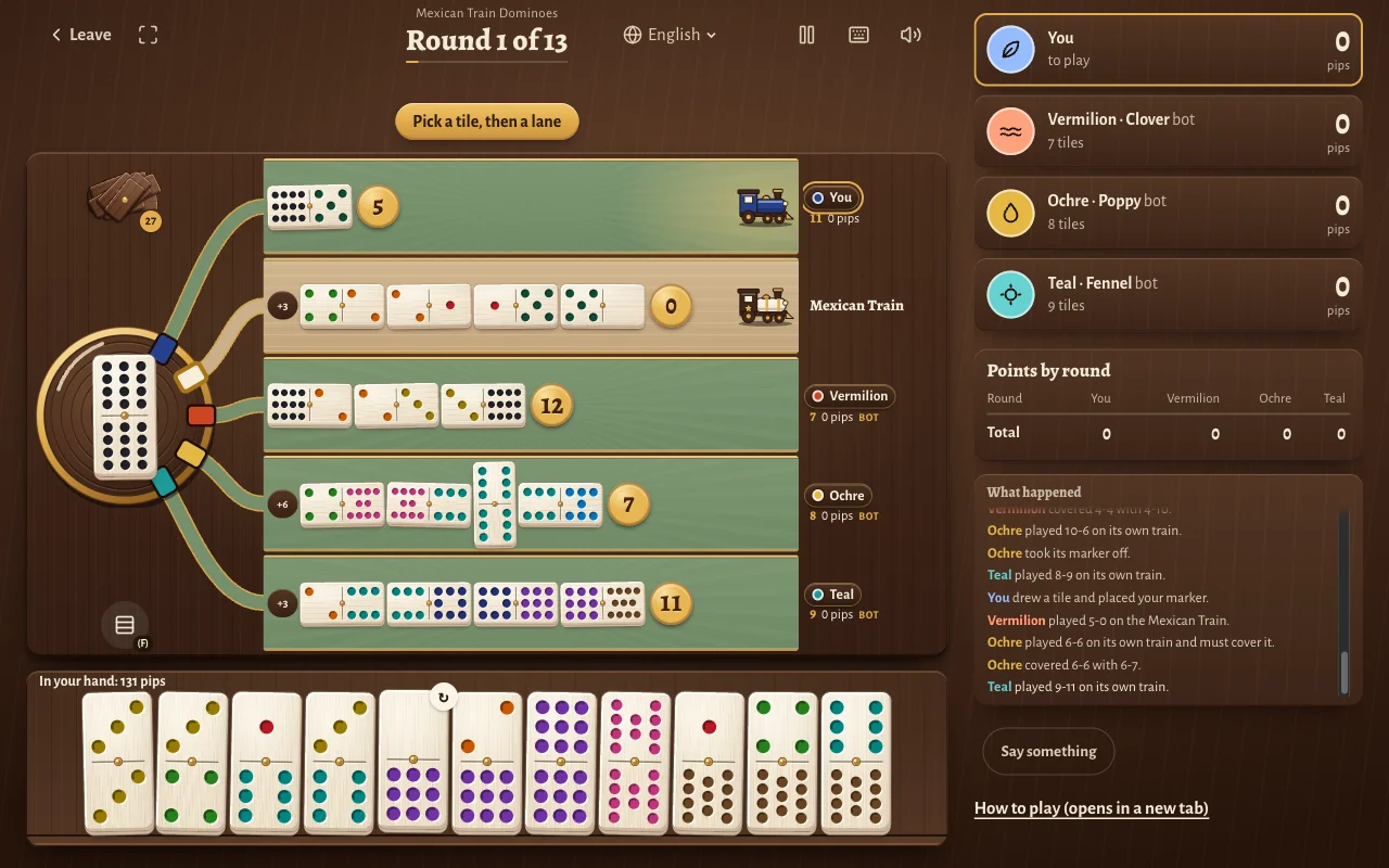 A game in round 1: the hub, one lane for each player, the Mexican Train, a marker on the player's own lane and a rack of tiles.
