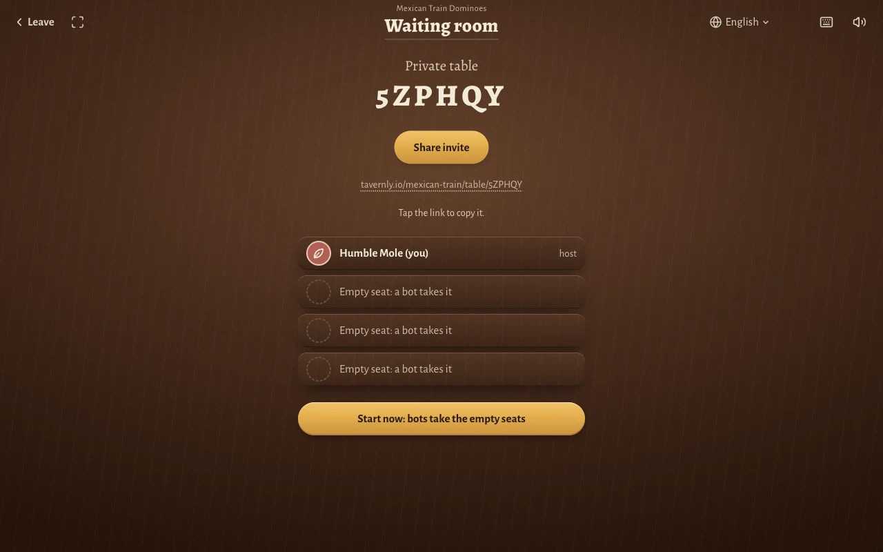 The waiting room of a private table, with a share link, one host seat and three empty seats that bots can take.