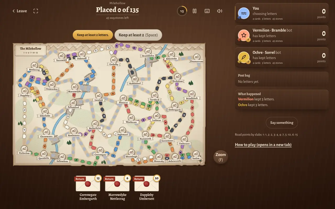The Milehollow table at the start: a vellum map with towns and roads, three sealed letters below it, and the prompt to keep at least 2 letters.
