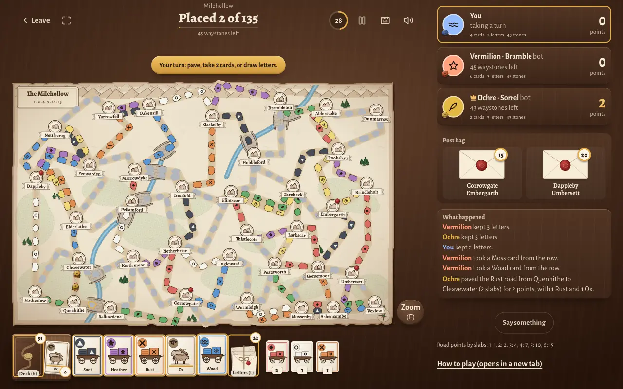 The Milehollow table on the player's first turn: the map, the seat rail with points, the hand of cart cards at the bottom and the log of moves.